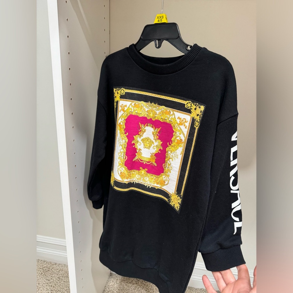 Versace shirt dress for girls. Size is 5T. The color is black and pink.